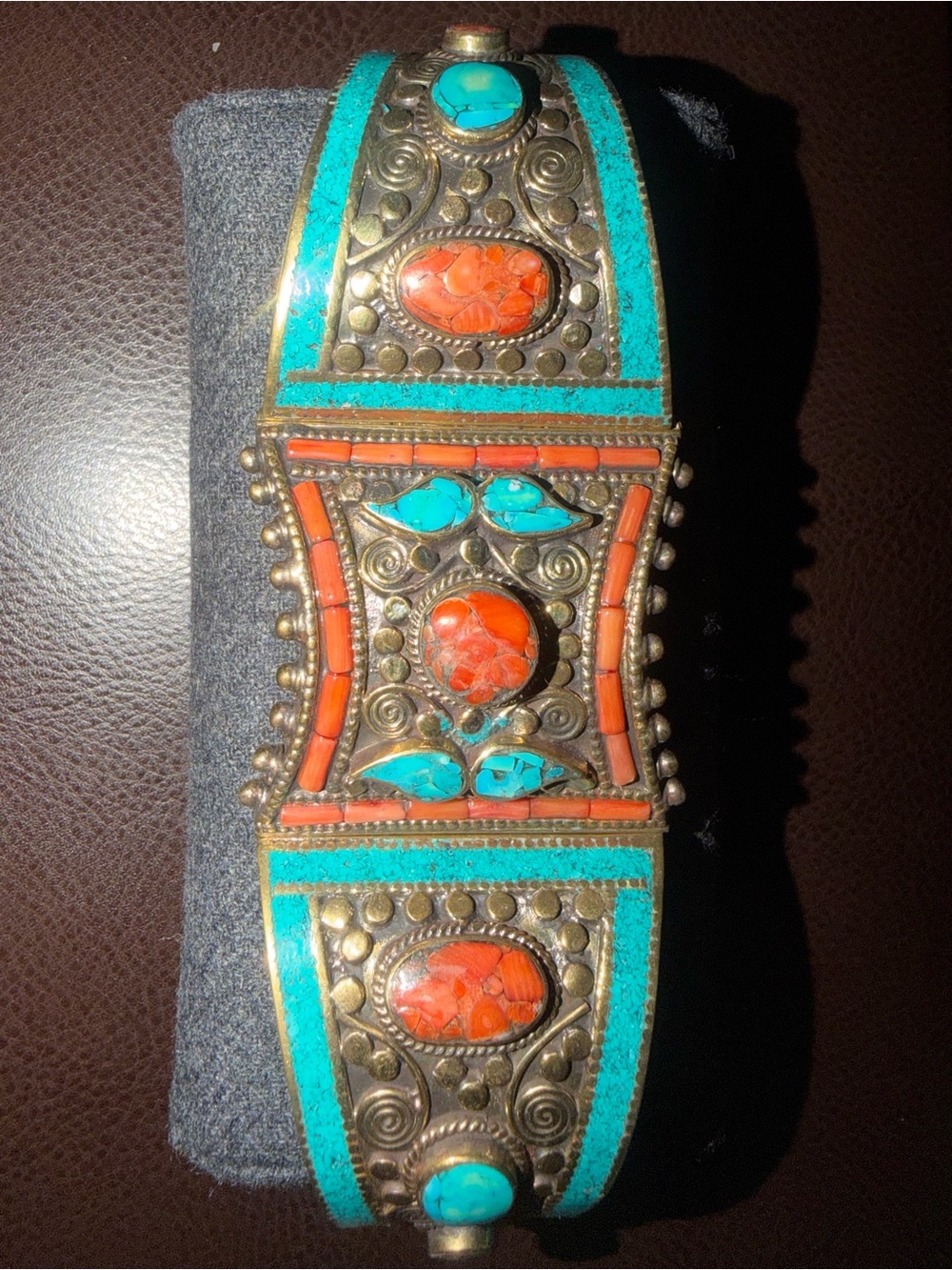 Tibetan Silver Handcrafted Turquoise & Coral Statement Cuff Bracelet